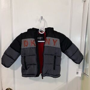 DKNY Black & Gray Kids Puffer Jacket with Red Logo Detail